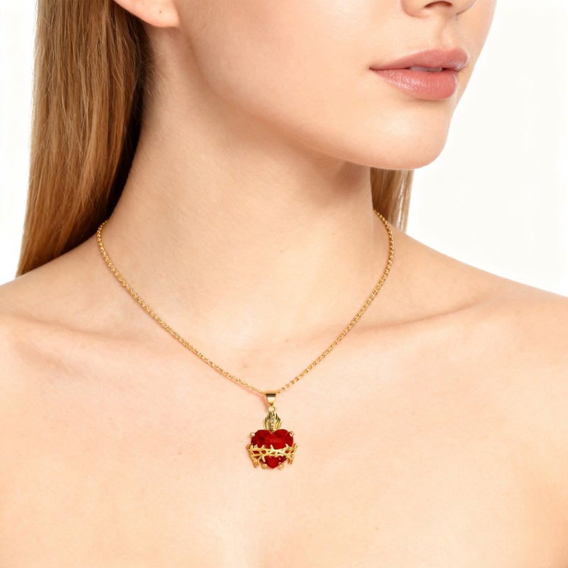 Red Heart-Shaped Zircon Cross Pendant Necklace Sacred Heart Necklace Copper Gold-Plated Peach Heart Necklace - Image 3